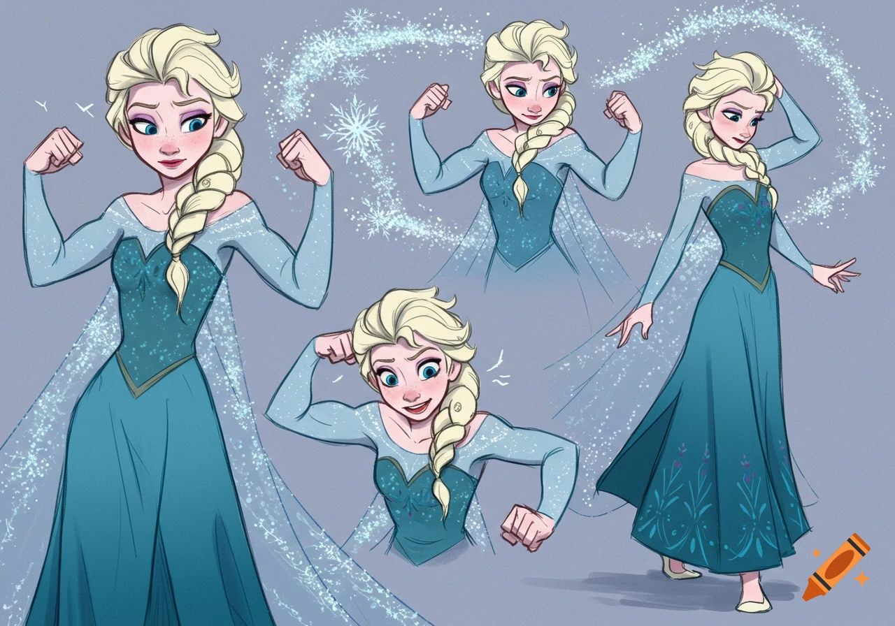 Model sheet of Elsa from Disney's Frozen flexing her muscles in various poses, with ice magic effects.