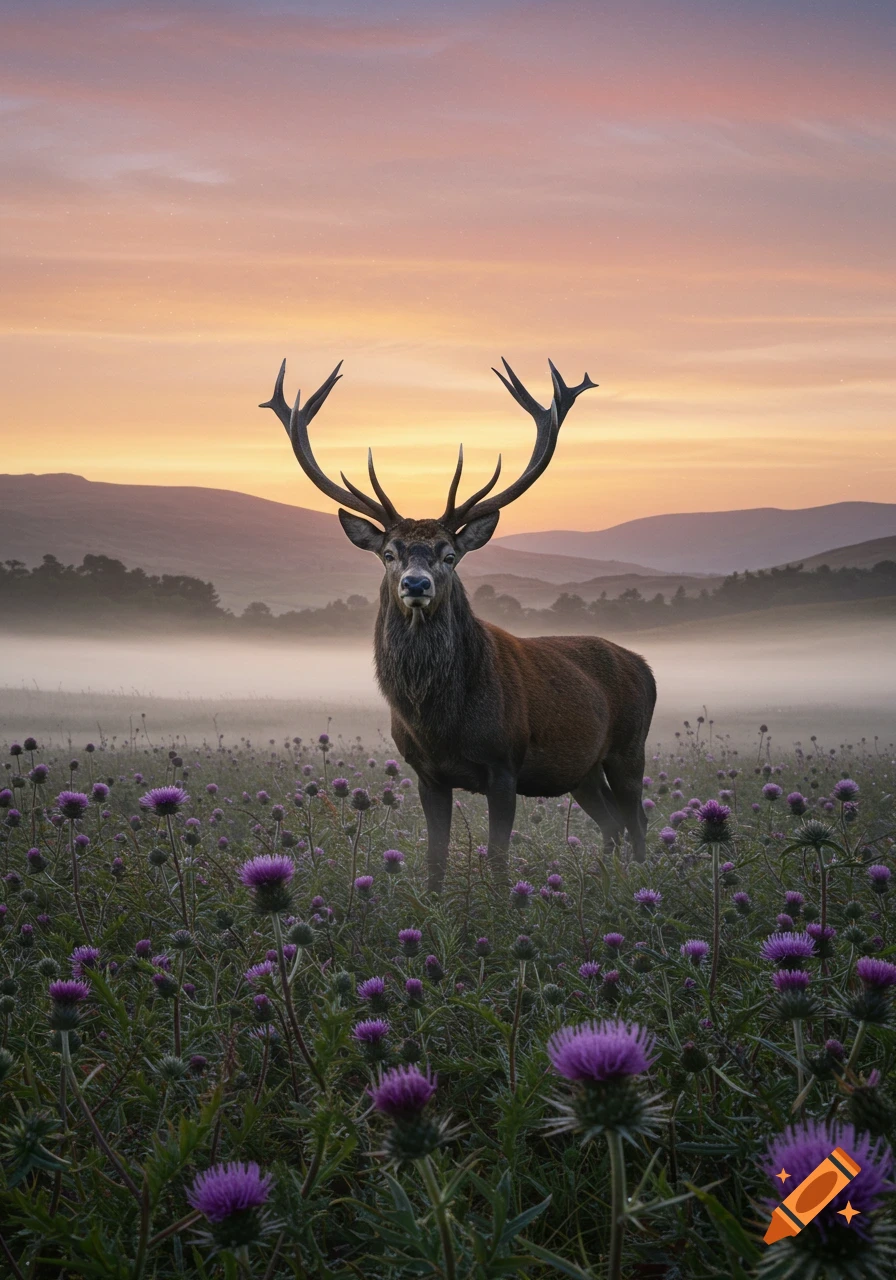 A majestic stag stands in a misty field of purple thistles with mountains under a dramatic sunrise sky. Photorealistic.