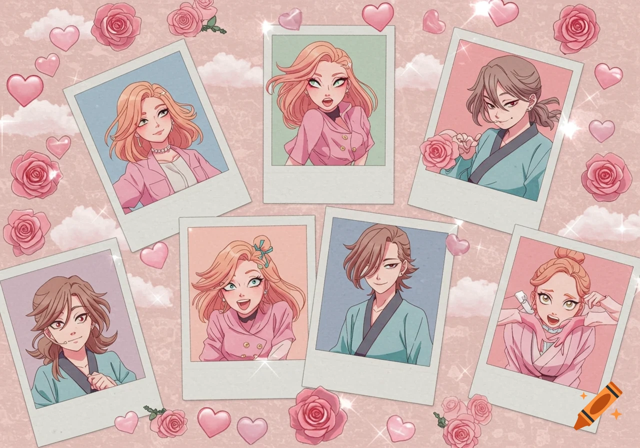 Anime characters in multiple polaroid photos on a pink background with hearts, roses, and sparkles.