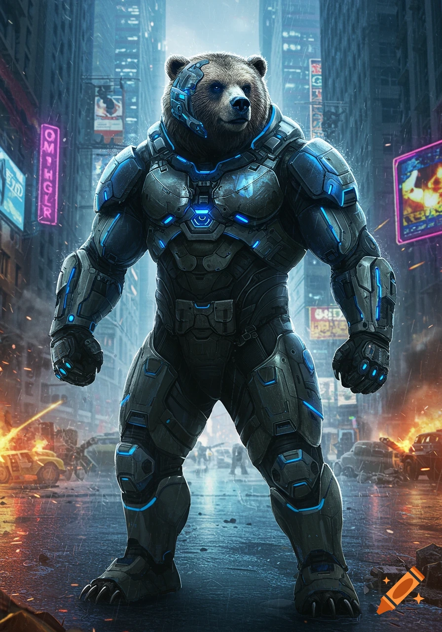 A bear in a futuristic blue and grey power suit stands in a rainy, destroyed cyberpunk city street.