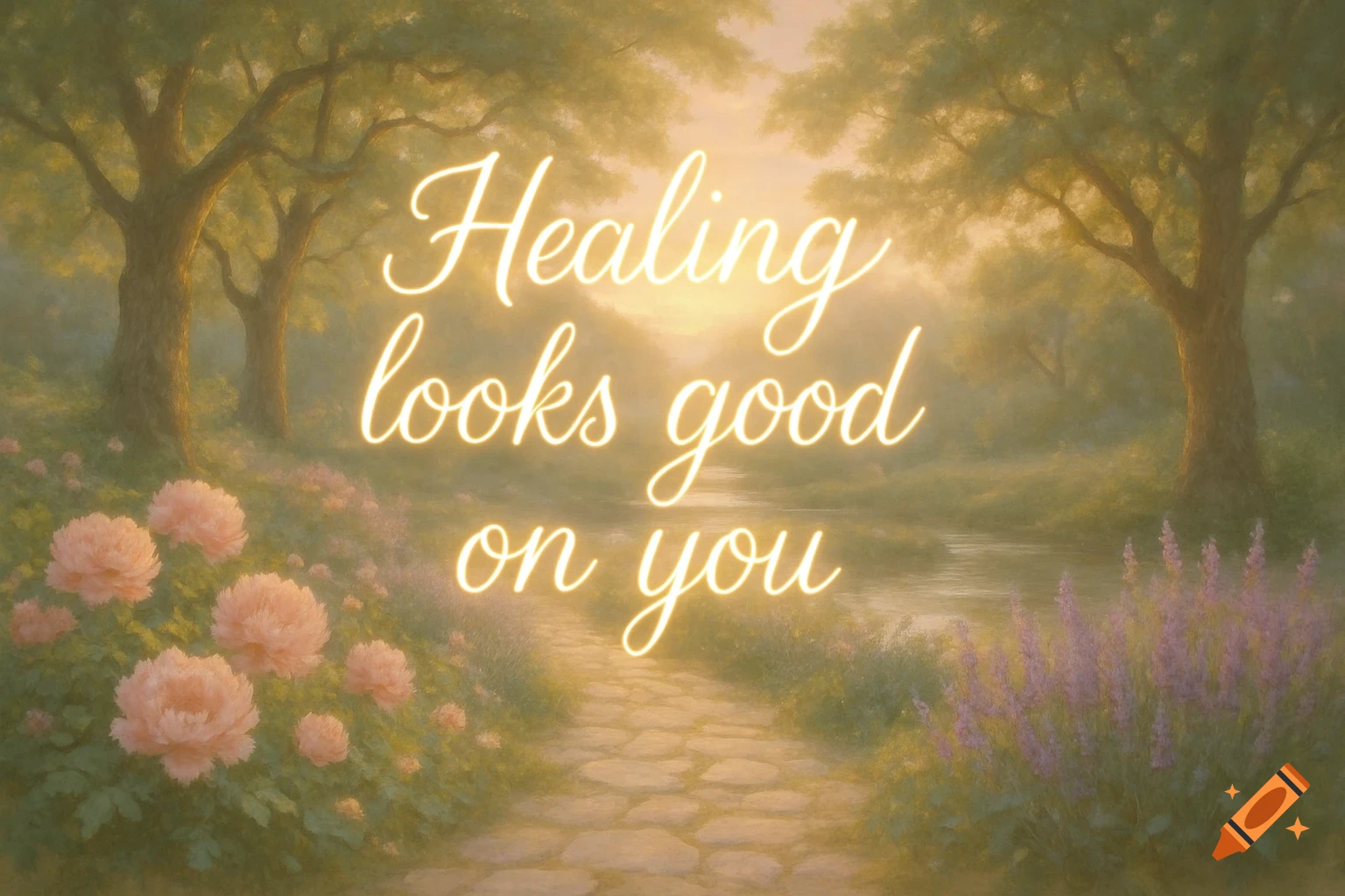 A serene, misty forest path with pink and purple flowers, a gentle river, and glowing text 'Healing looks good on you' at sunset.