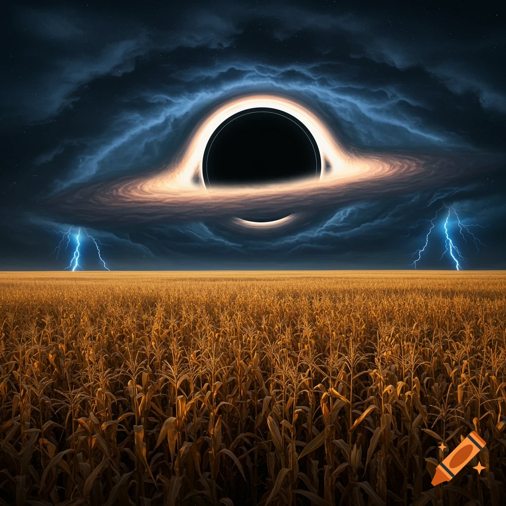 A black hole with a glowing accretion disk in a stormy night sky with lightning over a vast golden cornfield.
