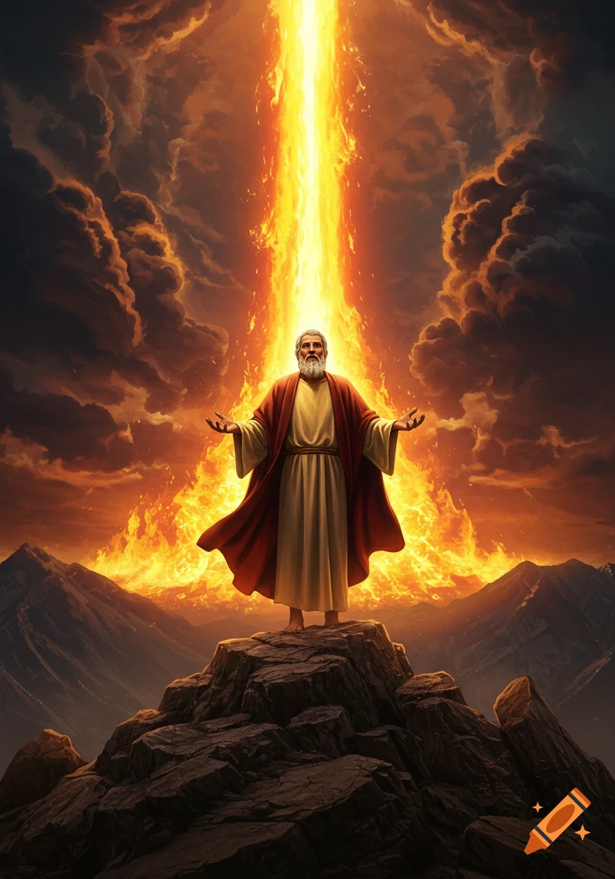 A bearded prophet in a robe stands on a rocky mountain peak, arms outstretched as a column of fire descends from dramatic, fiery clouds.