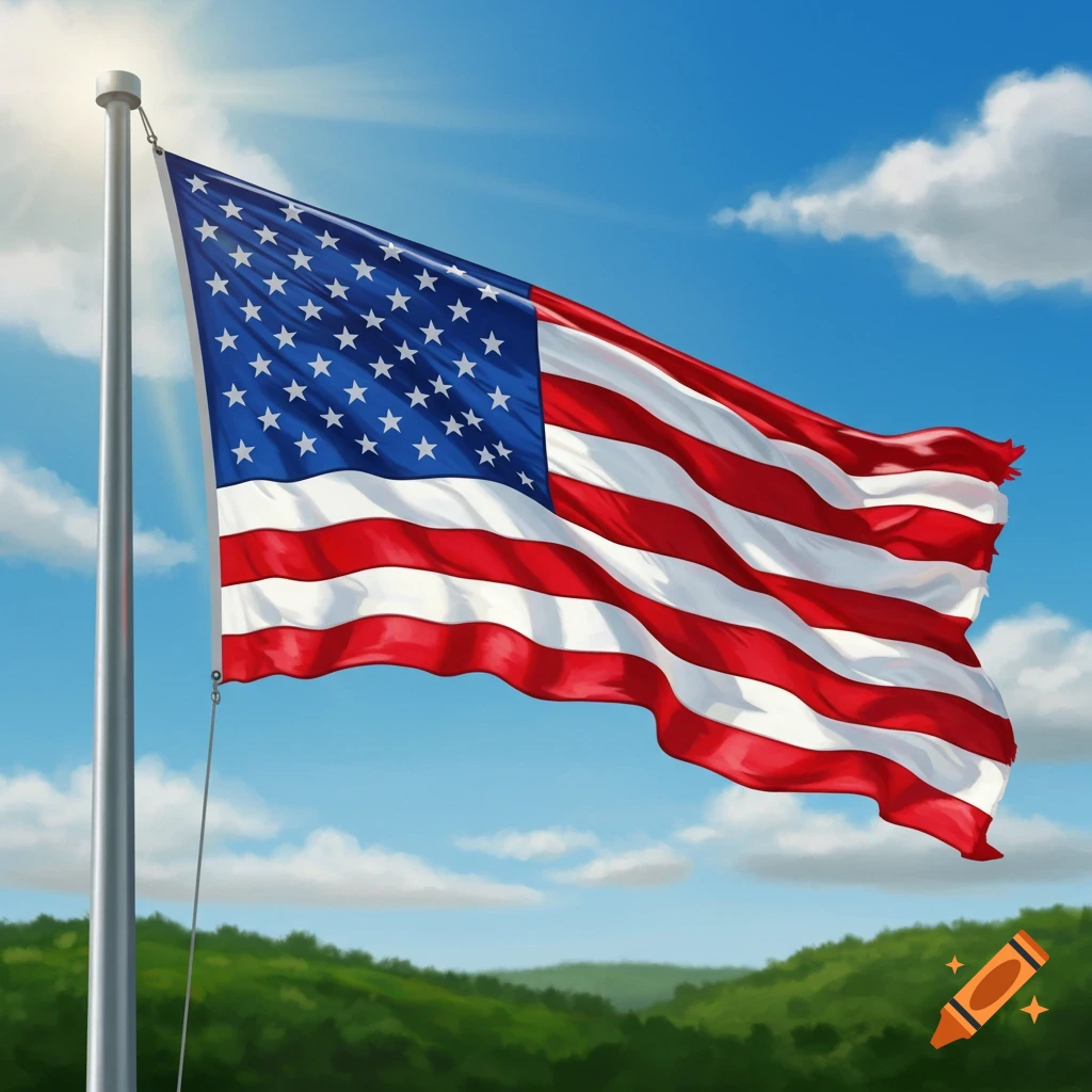An American flag waves proudly in the wind on a tall flagpole against a bright blue sky with clouds and green hills.
