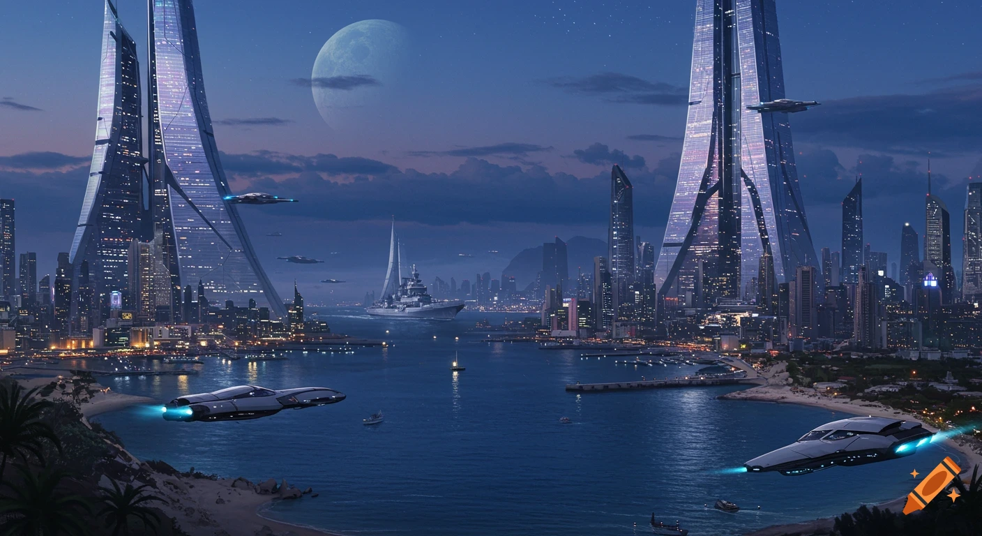 A futuristic utopian coastal city at night with towering skyscrapers, flying vehicles, a warship, and a large moon in the dark sky.