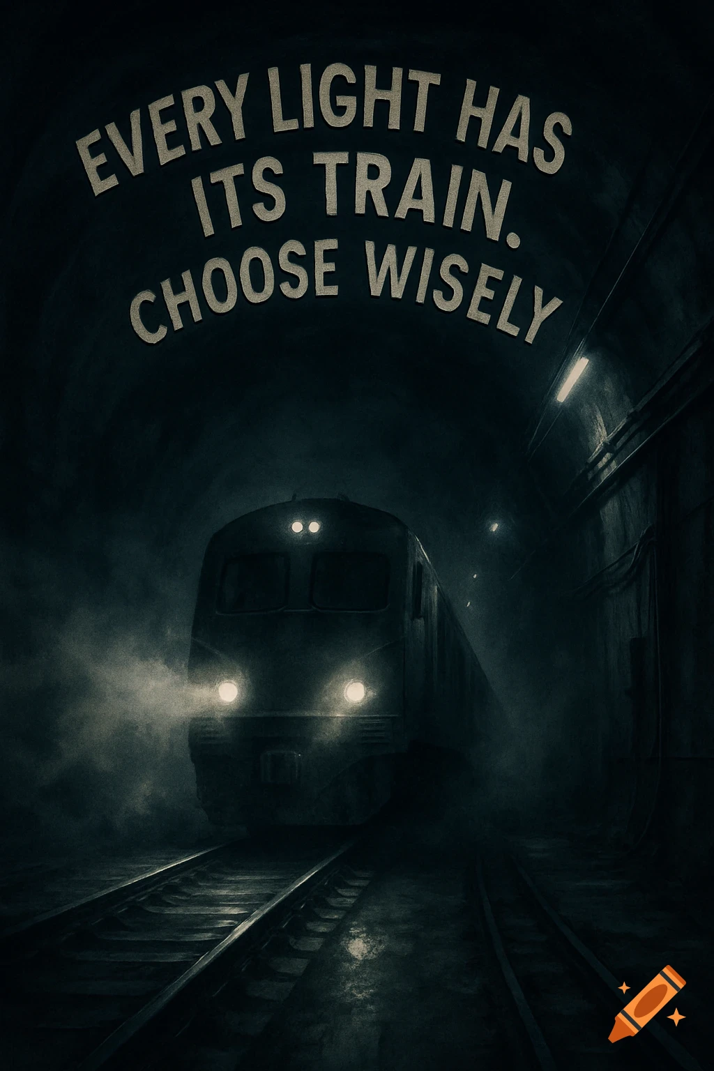 Dark, moody image of a train in a tunnel with headlights on, and the arched text 'EVERY LIGHT HAS ITS TRAIN. CHOOSE WISELY' above it.