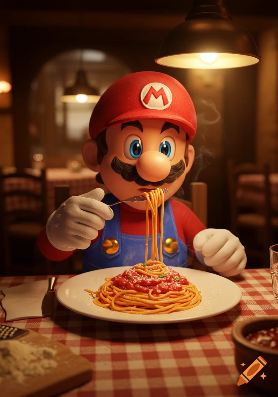Photorealistic Mario in a restaurant, happily eating a plate of spaghetti with a fork.