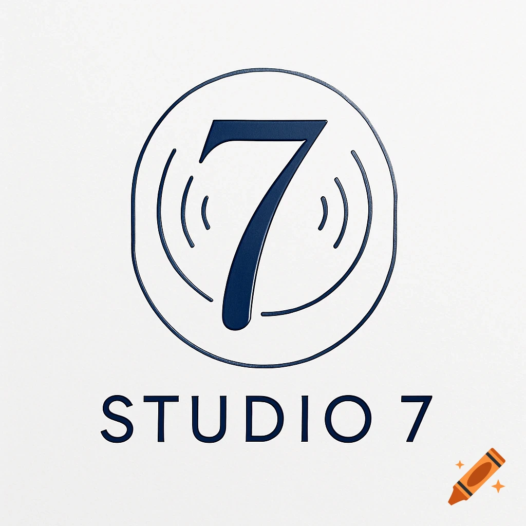 A minimalist blue logo featuring a stylized number 7 within a circle with sound wave lines, and the text "STUDIO 7" below it, all on a white background.
