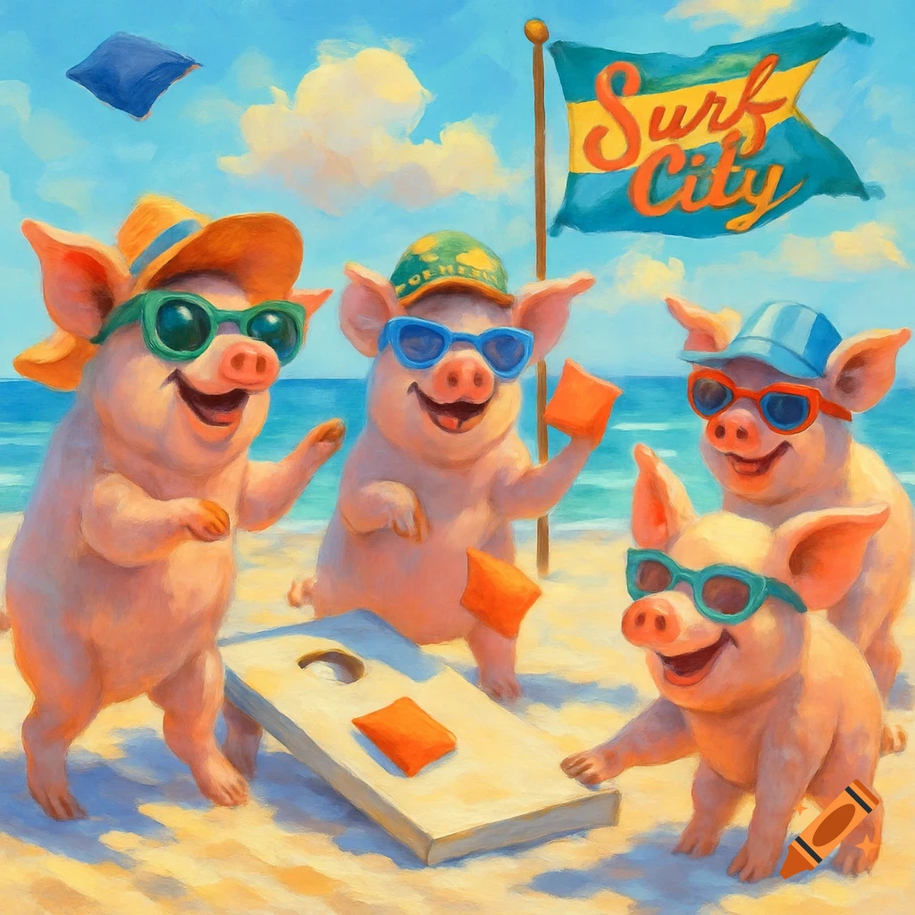 Four cartoon pigs wearing sunglasses and hats play cornhole on a sunny beach, with a flag reading 'Surf City' in the background, in a painterly style.