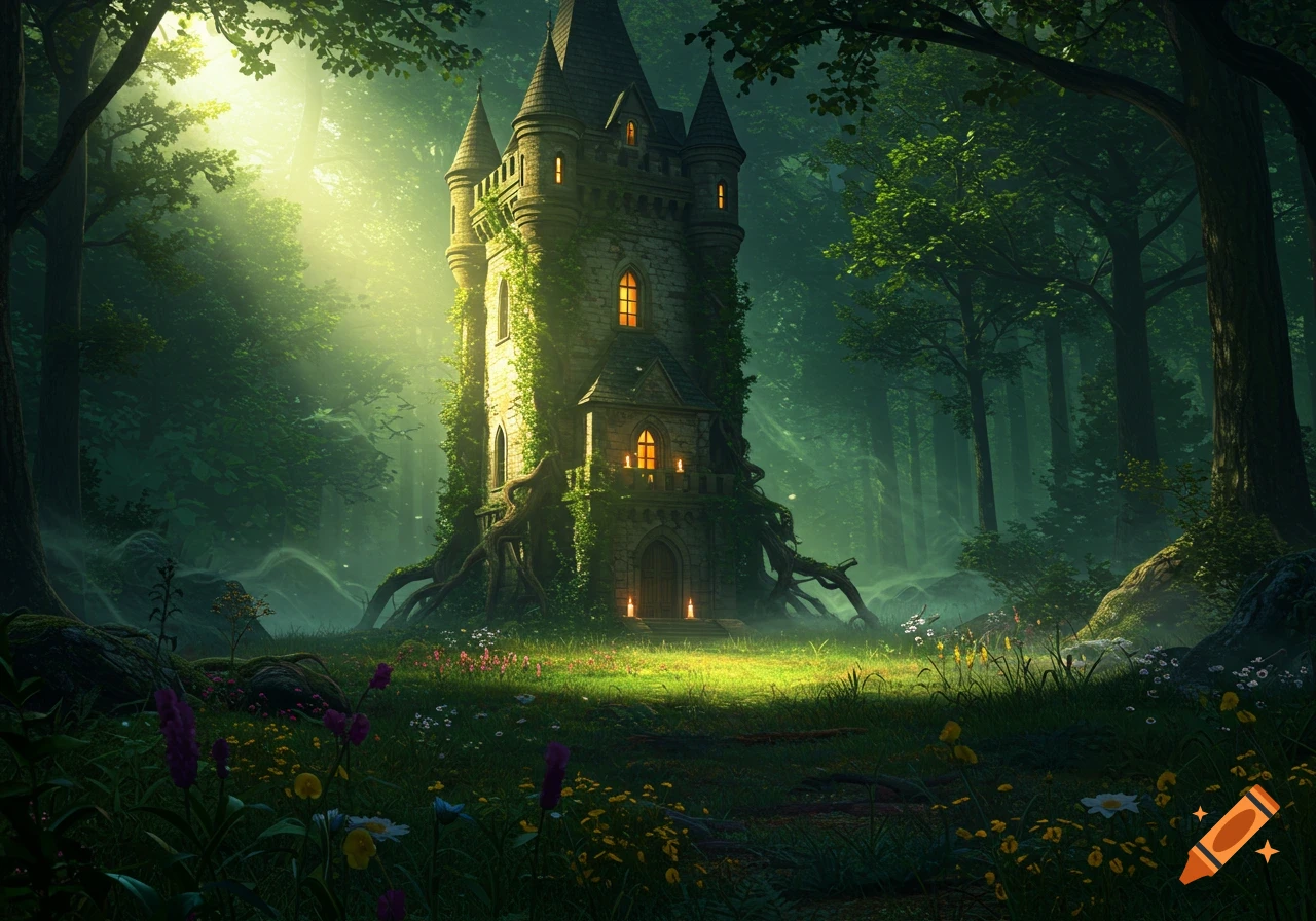 A tall, ivy-covered stone tower with glowing windows stands in a sunlit, magical forest clearing with wildflowers.