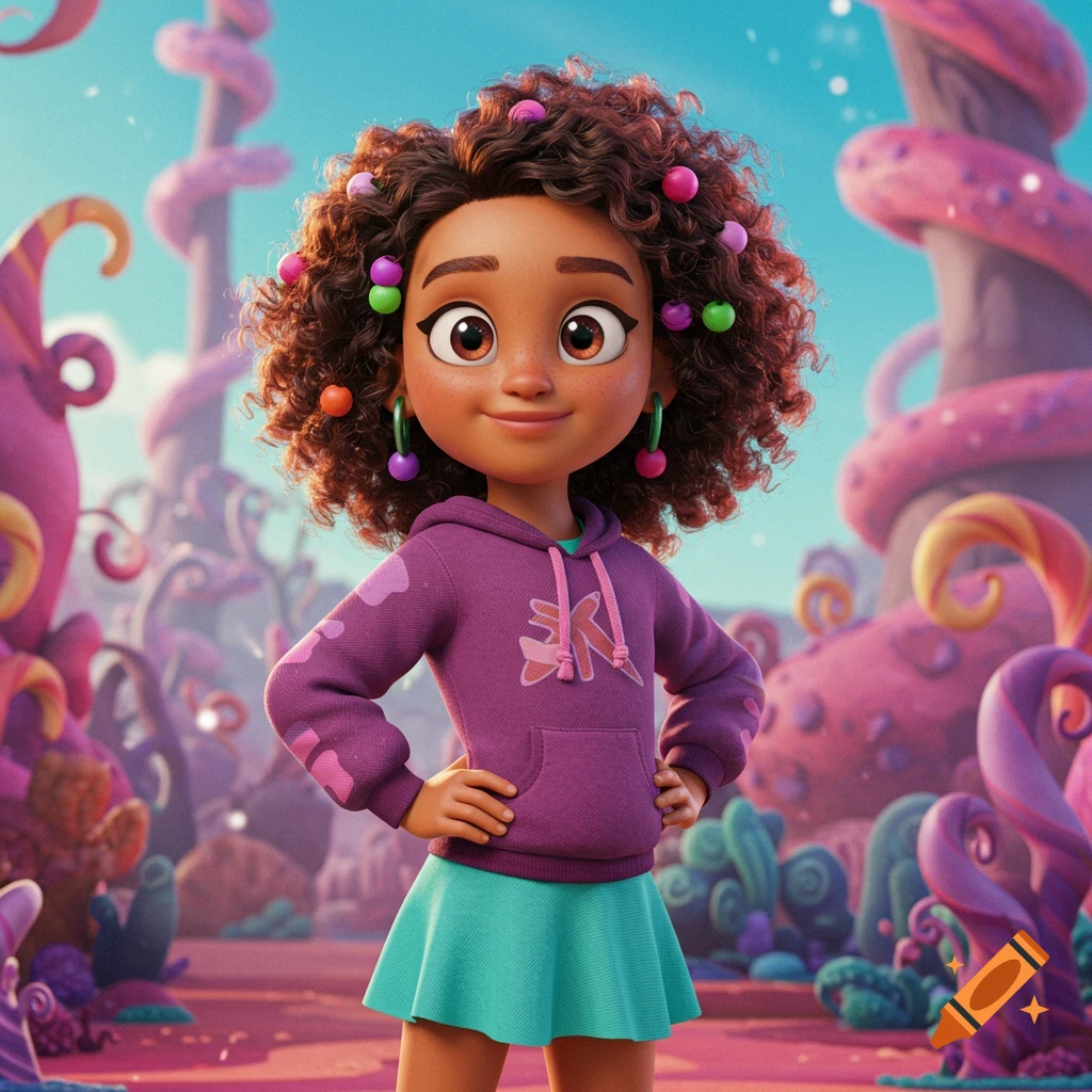 A smiling animated girl with curly hair and colorful beads stands in a vibrant candy-like fantasy land.
