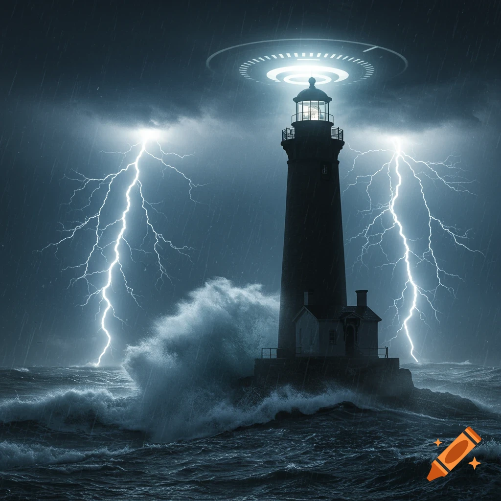 Photorealistic image of a lighthouse battling a severe thunderstorm with bright lightning, crashing waves, and a glowing UFO hovering above its light.