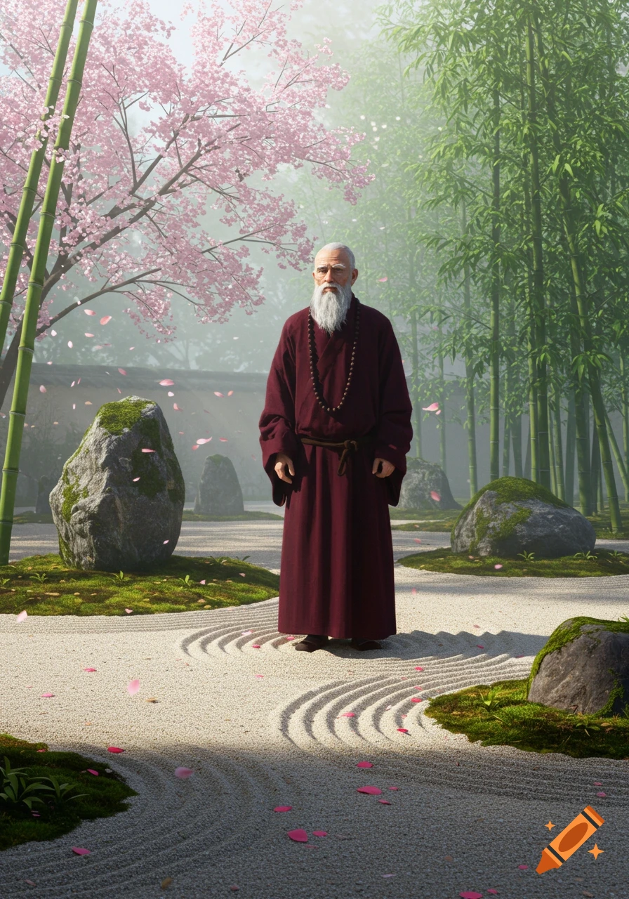An old man with a white beard in a maroon robe stands in a peaceful Zen garden with cherry blossoms, bamboo, and raked gravel.
