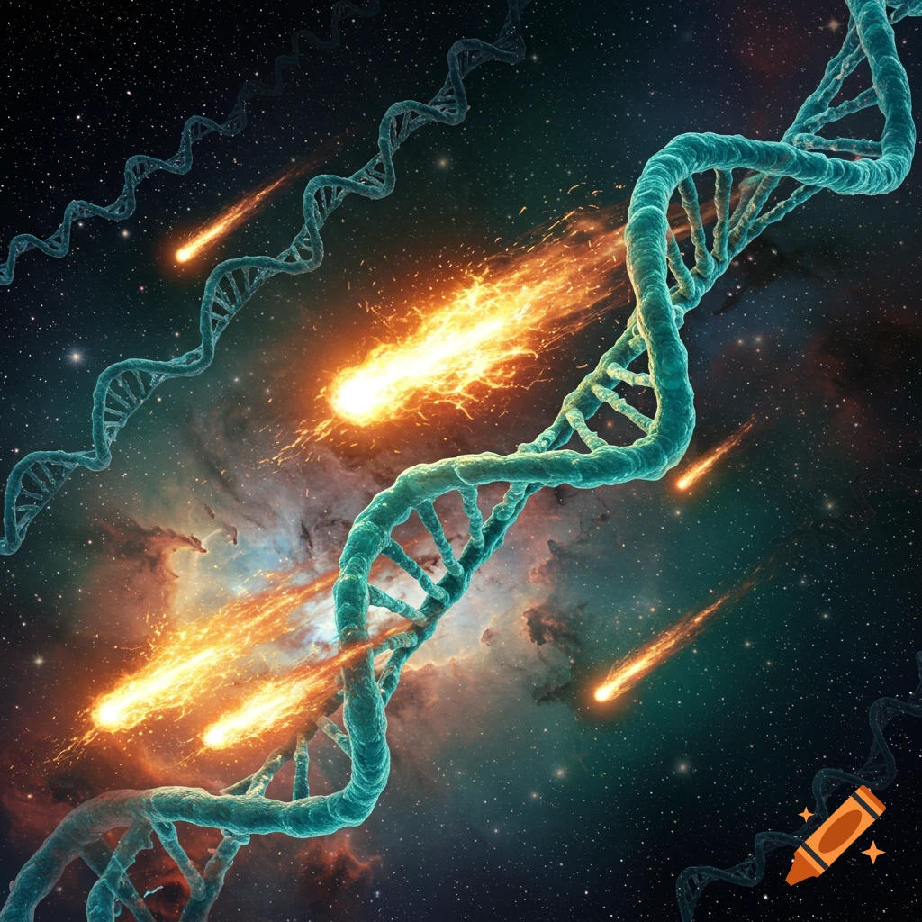 Genetic DNA helix strands in a dark, starry space with glowing meteors flying past colorful nebulae.
