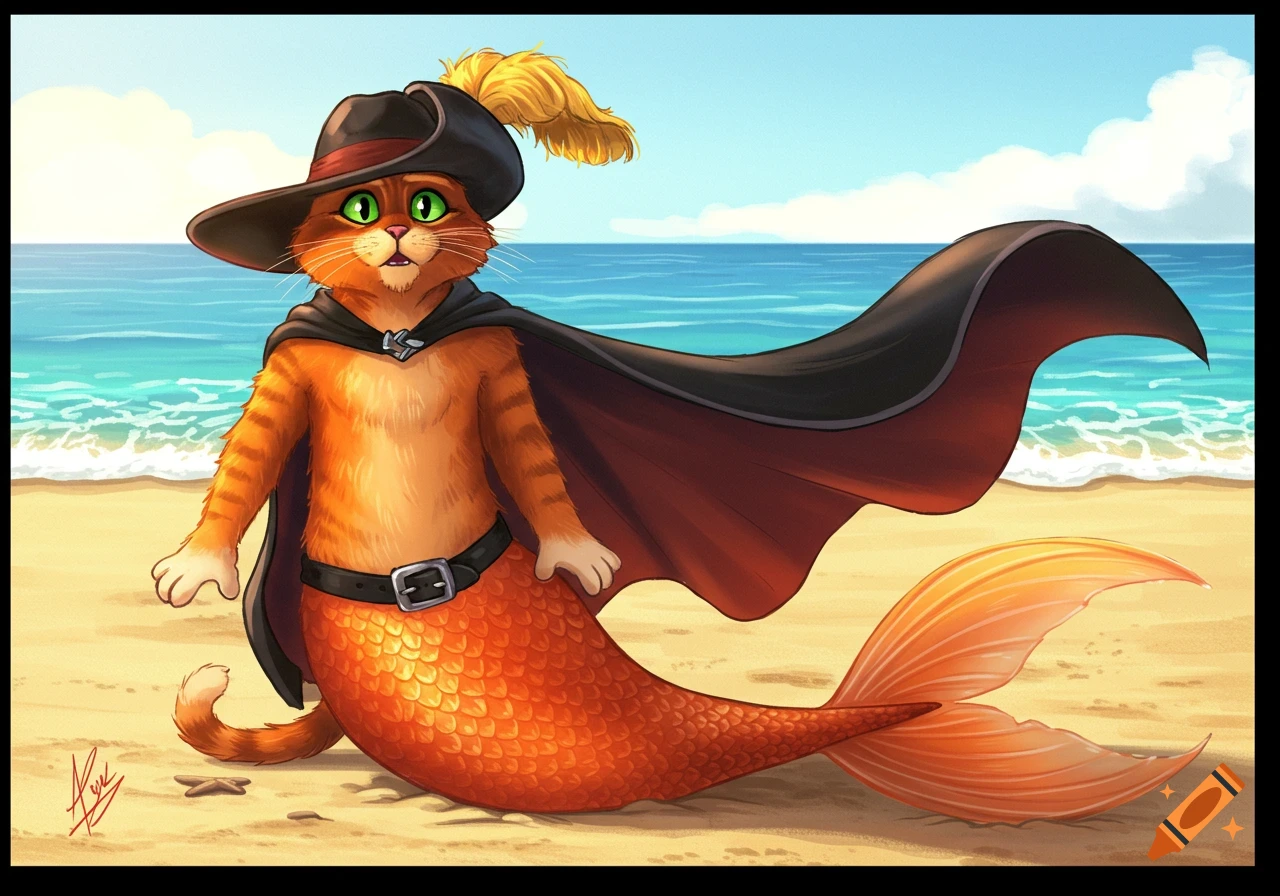 Puss in Boots as a mermaid with an orange tail and green eyes, wearing a black cape and hat, looks surprised on a sandy beach.