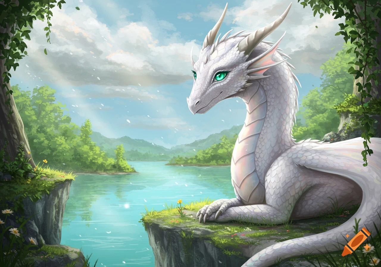 A majestic white dragon with vibrant green eyes rests peacefully on a cliff overlooking a serene lake in a lush fantasy forest.