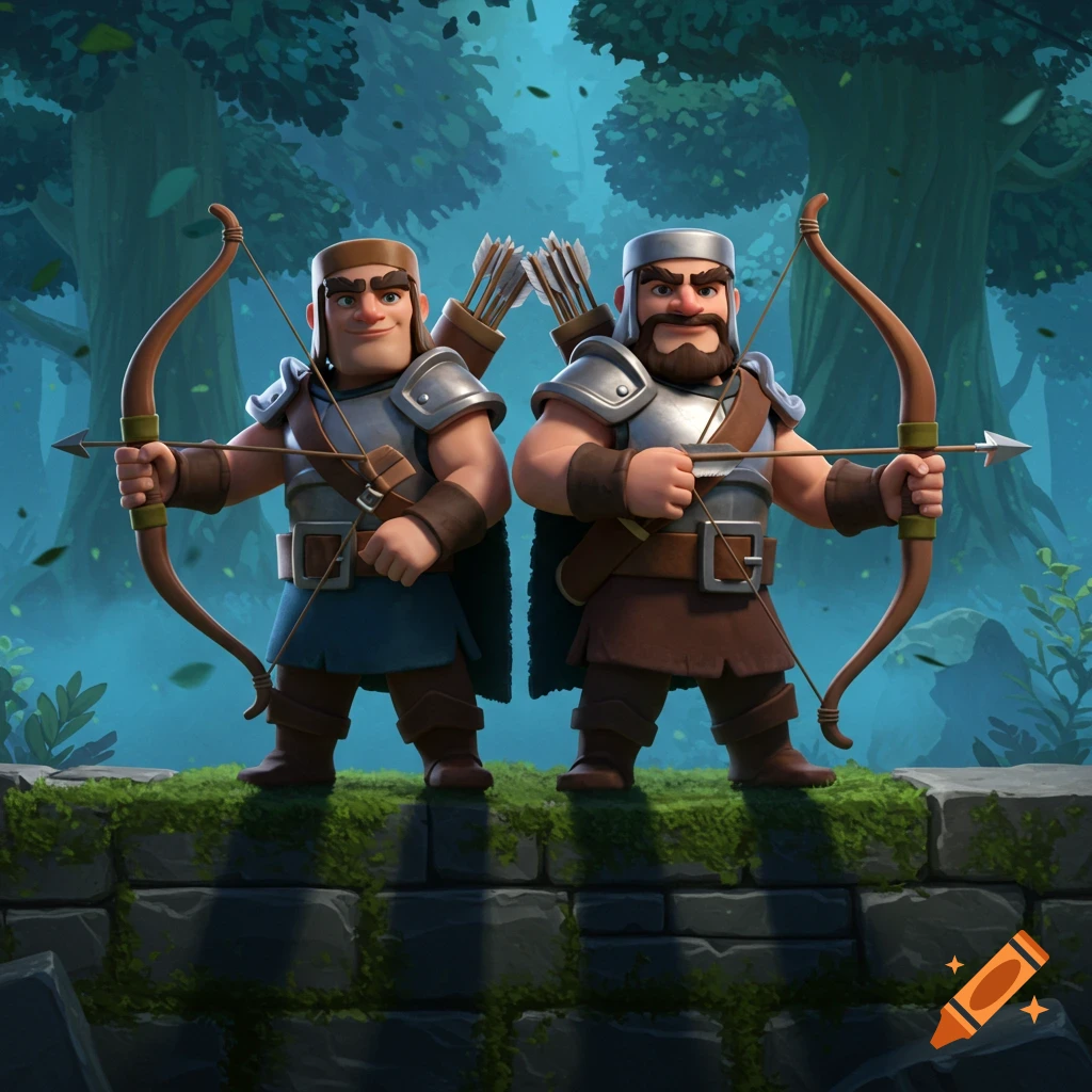 Two cartoonish archers in armor, holding bows and arrows, stand on a mossy stone wall in a dark forest.