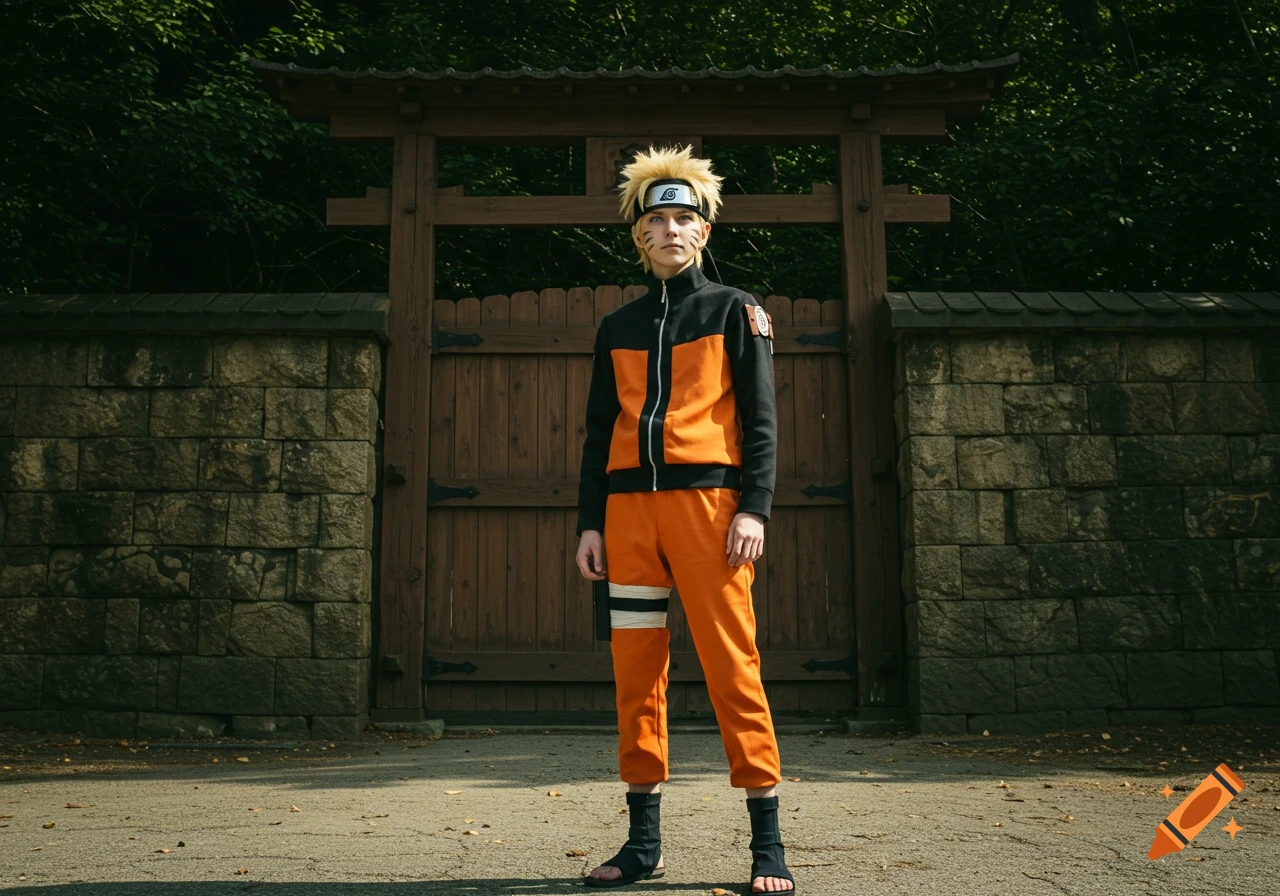 A person in Naruto cosplay stands outside a wooden gate, wearing an orange and black jacket and ninja sandals.