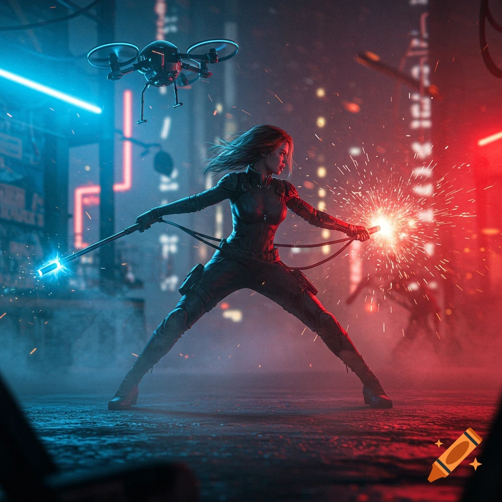 A woman in a black tactical suit fights a drone with an electric staff, surrounded by sparks in a neon-lit cyberpunk city.