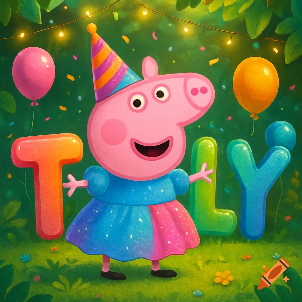 Peppa Pig in a sparkly party dress and party hat, surrounded by balloons and confetti, standing in front of colorful 3D letters spelling 'TILLY' in a vibrant cartoon style.