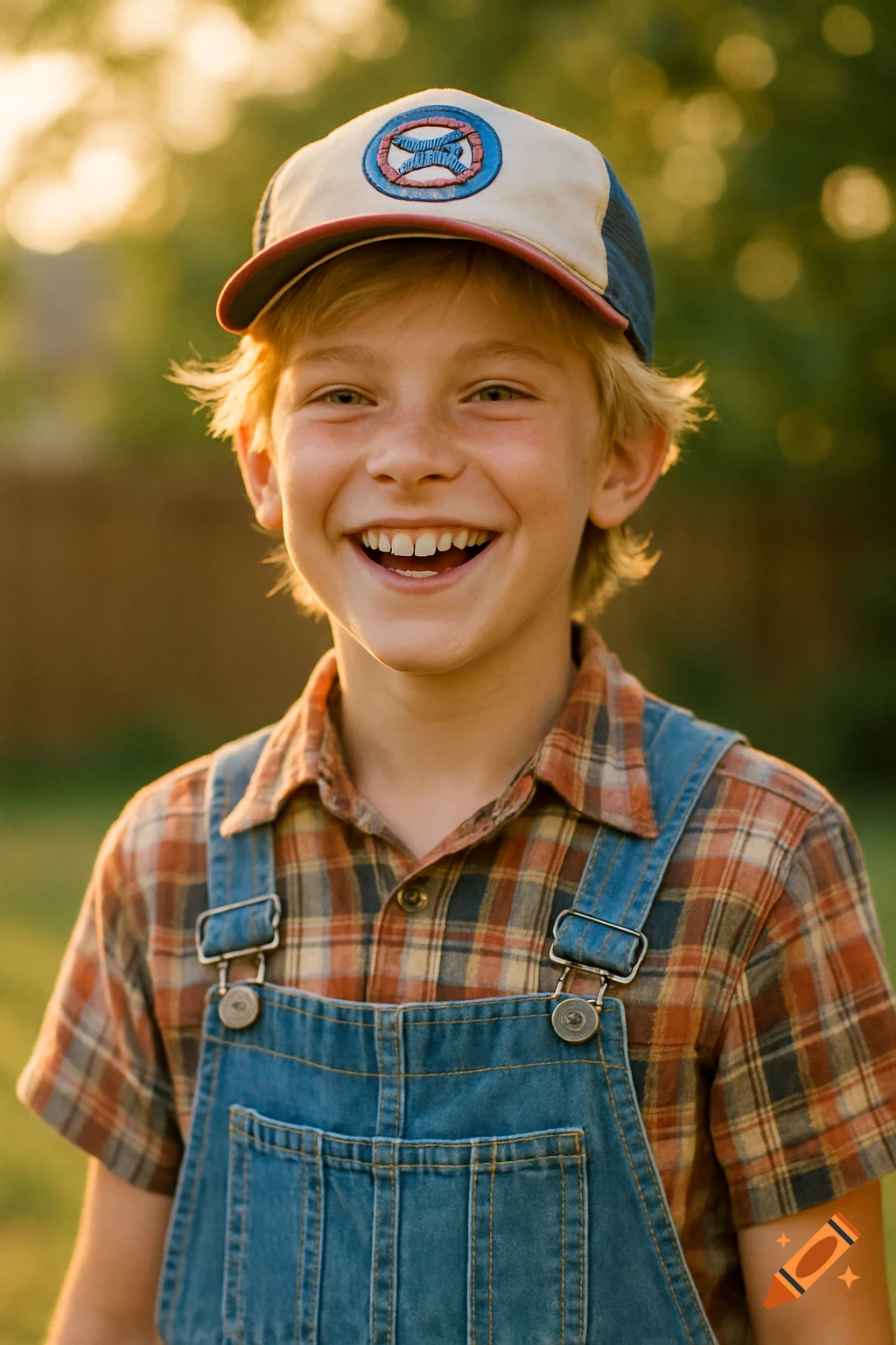 A smiling young boy with blond hair in a baseball cap and denim overalls stands outdoors in golden hour light.