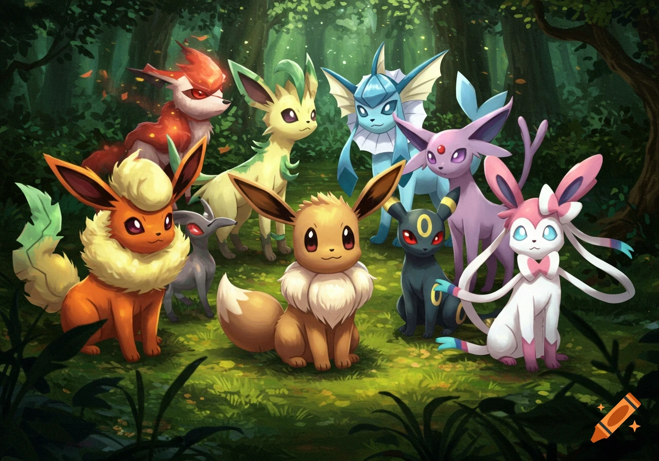 Eevee and its evolutions gather in a vibrant, lush forest clearing, depicted in a colorful illustrative style.