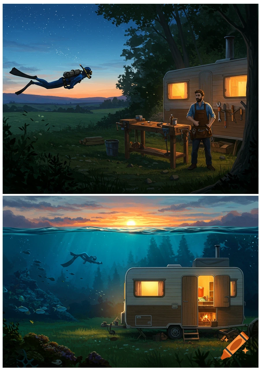 Stylized illustration of a diver in the sky above a handyman and caravan, and a diver underwater with the caravan partially submerged at sunset.