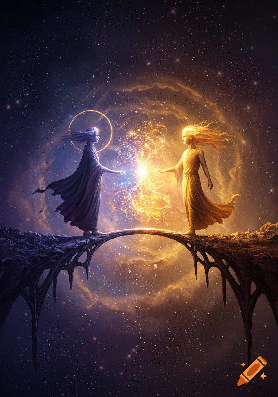 Two ethereal figures, one purple and one golden, touch glowing energy on an ornate bridge in a cosmic, starry sky.