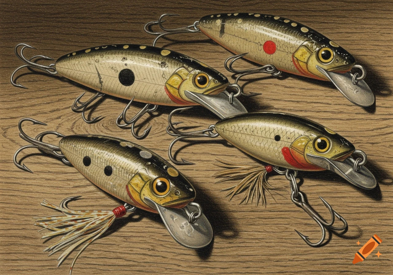 A detailed drawing of four vintage fishing lures with hooks on a wooden background.