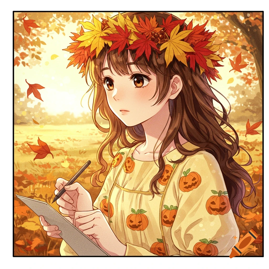 Anime girl with a crown of autumn leaves and a pumpkin-patterned dress, drawing in a fall forest.
