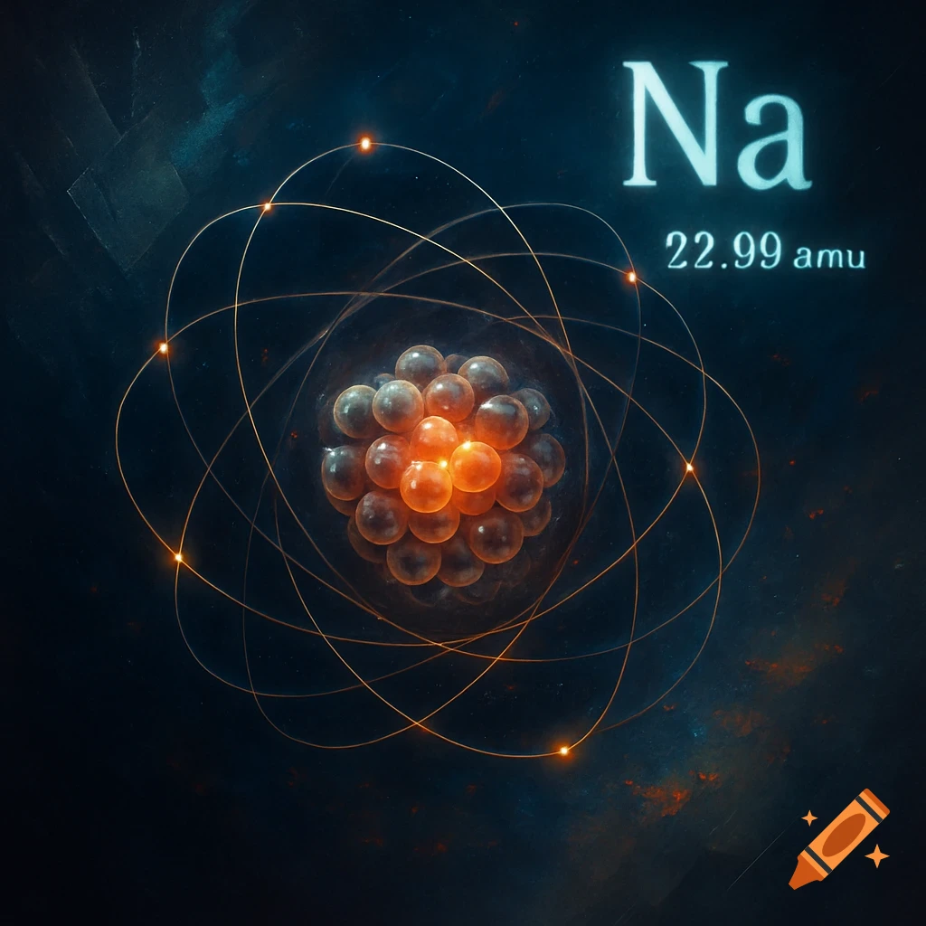 A stylized depiction of a sodium atom, labeled "Na" and "22.99 amu", with glowing nucleus and orbiting electrons on a dark, cosmic background.