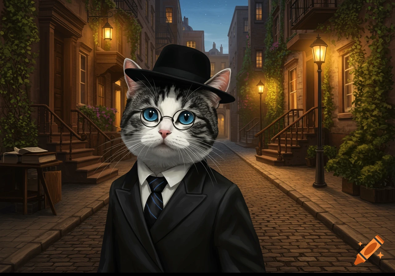 A gray and white tabby cat with blue eyes, wearing a black suit, striped tie, and fedora, stands in a cobblestone alleyway in a European-style city at dusk.