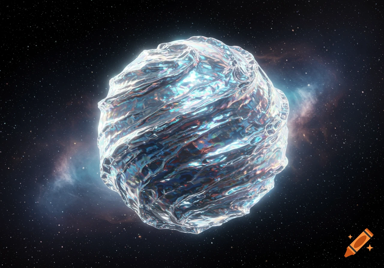 A glowing, iridescent, multifaceted metallic or crystalline object floats in a star-filled space with faint nebulas.