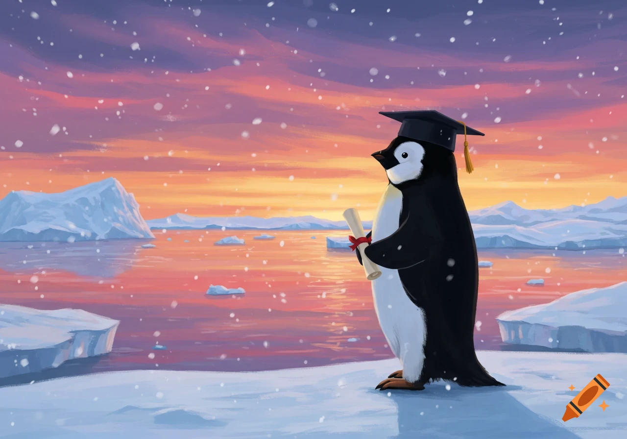 Cartoon penguin in graduation cap holding a diploma on an icy landscape with a colorful sunset sky.