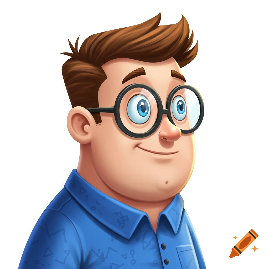 Cartoon man with brown hair, blue eyes, and black glasses, wearing a blue collared shirt, smiling.