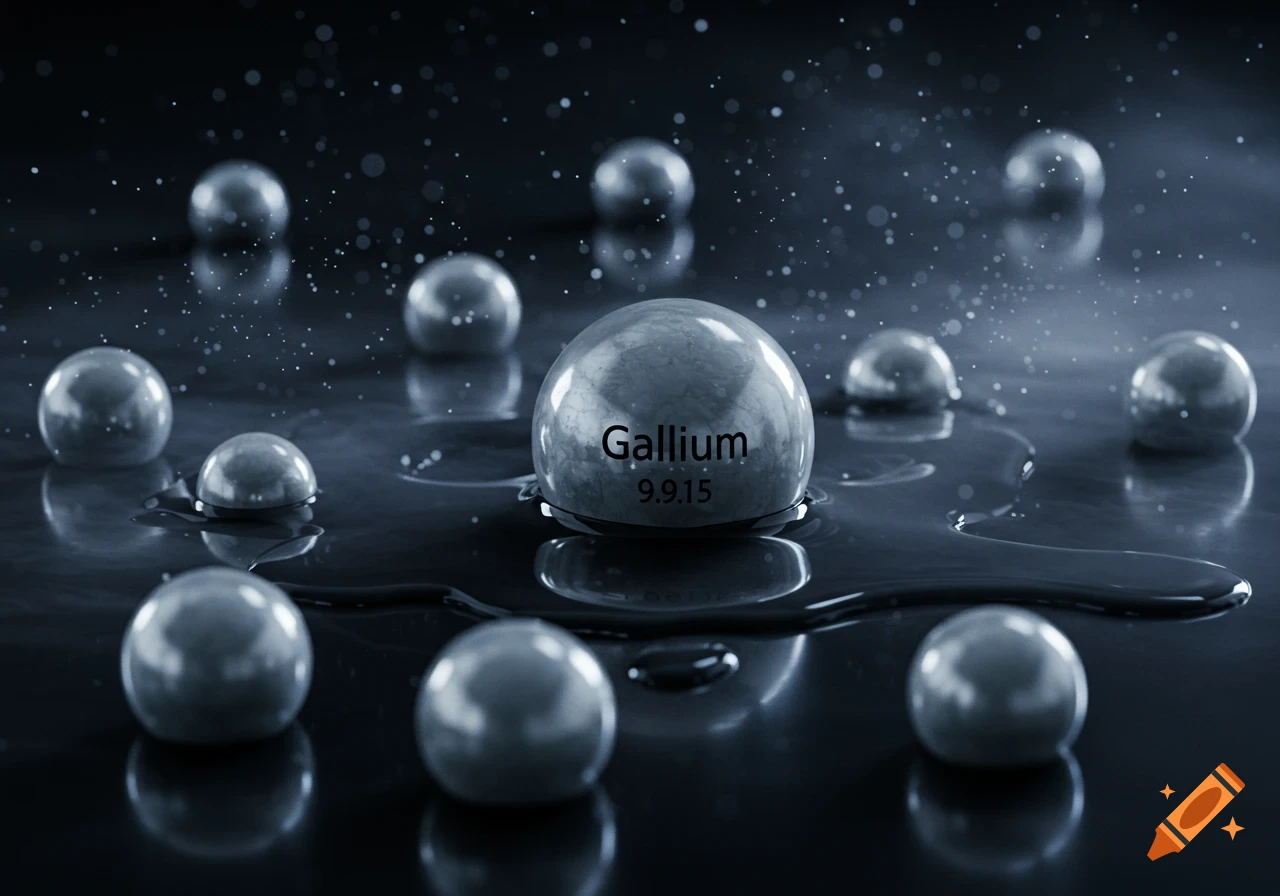 A large, reflective sphere labeled 'Gallium' on a dark, wet surface, surrounded by smaller spheres, with atmospheric lighting.