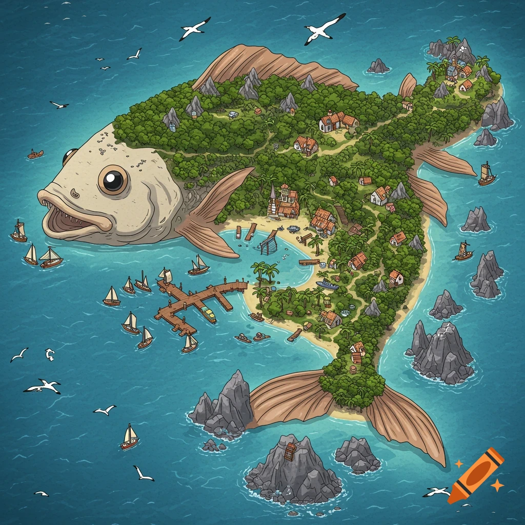 Isometric illustration of a whimsical fish-shaped island with villages, trees, mountains, boats, and a pier.
