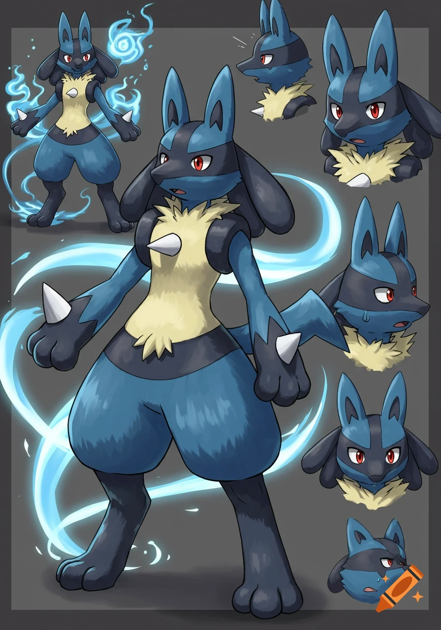 Anime-style character sheet of a slightly chubbier Lucario with blue energy, shown in a full body pose and multiple headshots.