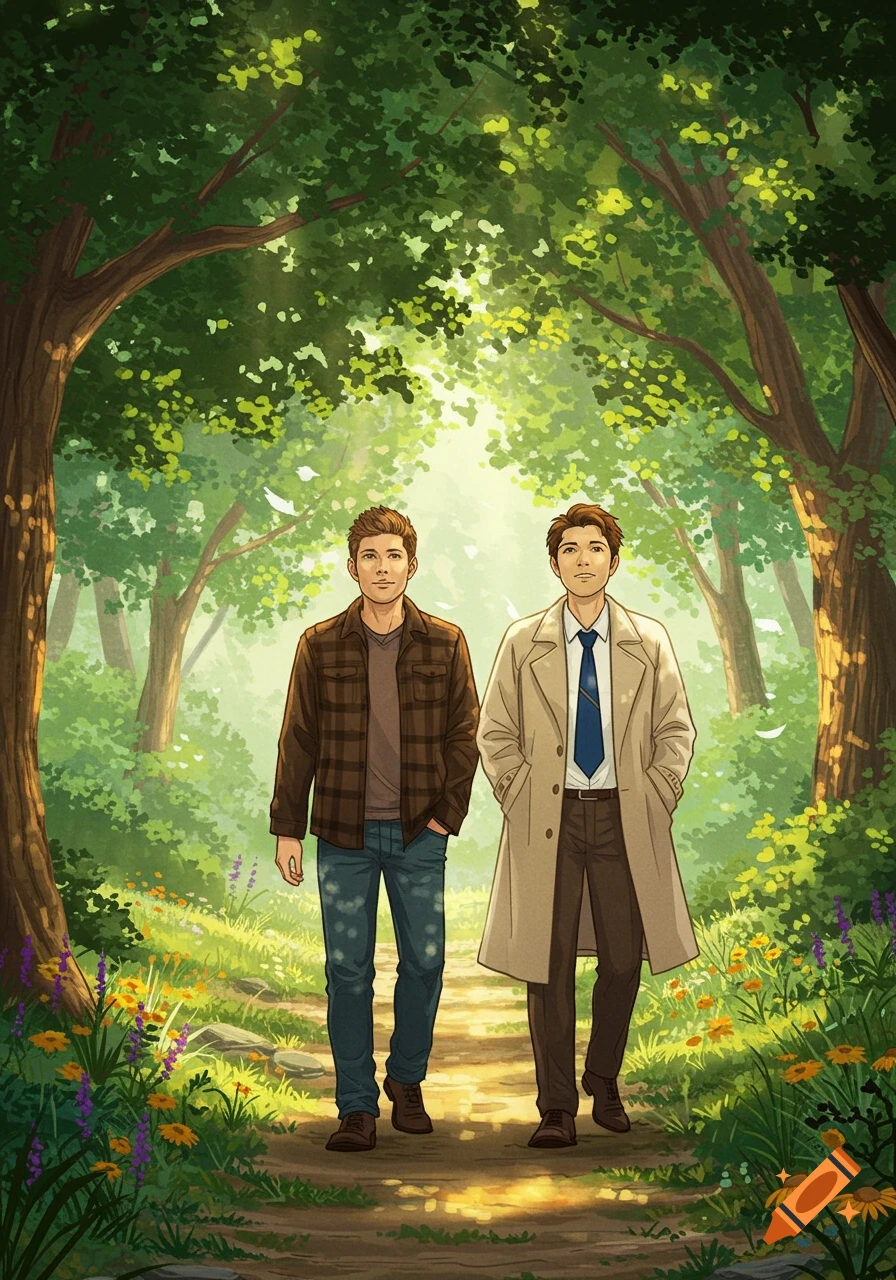 Two men walk side-by-side on a sun-dappled forest path in an anime style illustration.