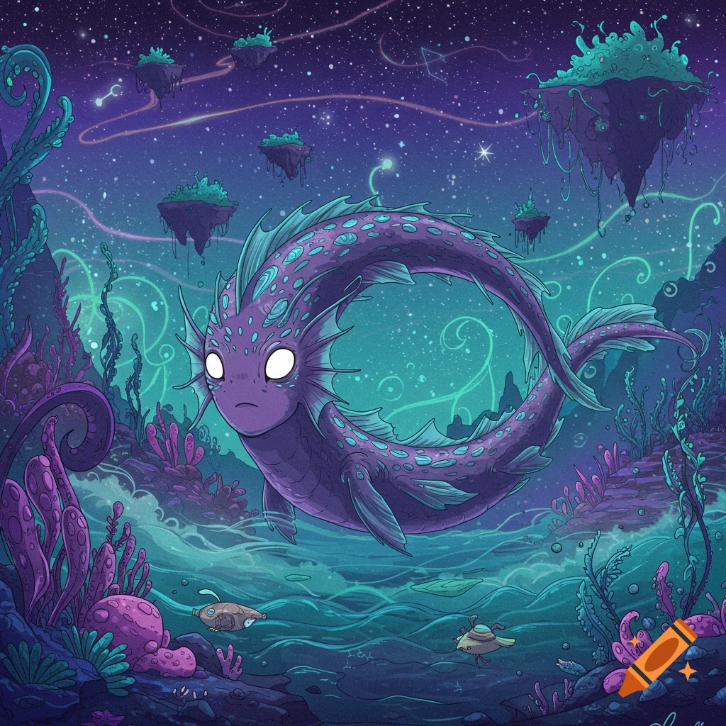 A purple, stylized fish creature with glowing eyes in a bioluminescent cosmic underwater world.