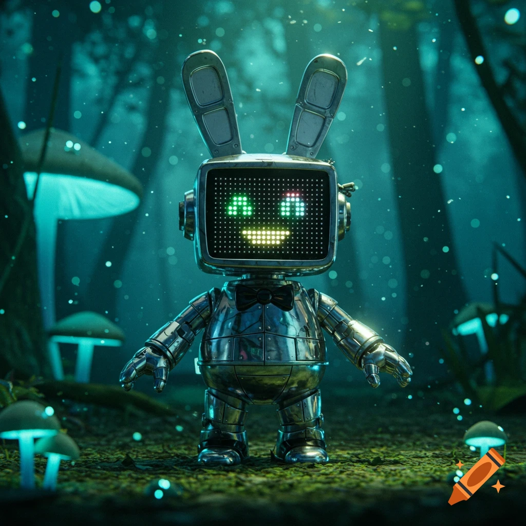 A chrome robotic bunny with an LED screen face displaying a smiley, standing in a magical forest with glowing mushrooms.