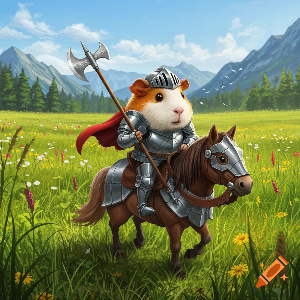 A cute guinea pig in knight armor rides a horse through a field of wildflowers, holding a halberd. Mountains in the background.