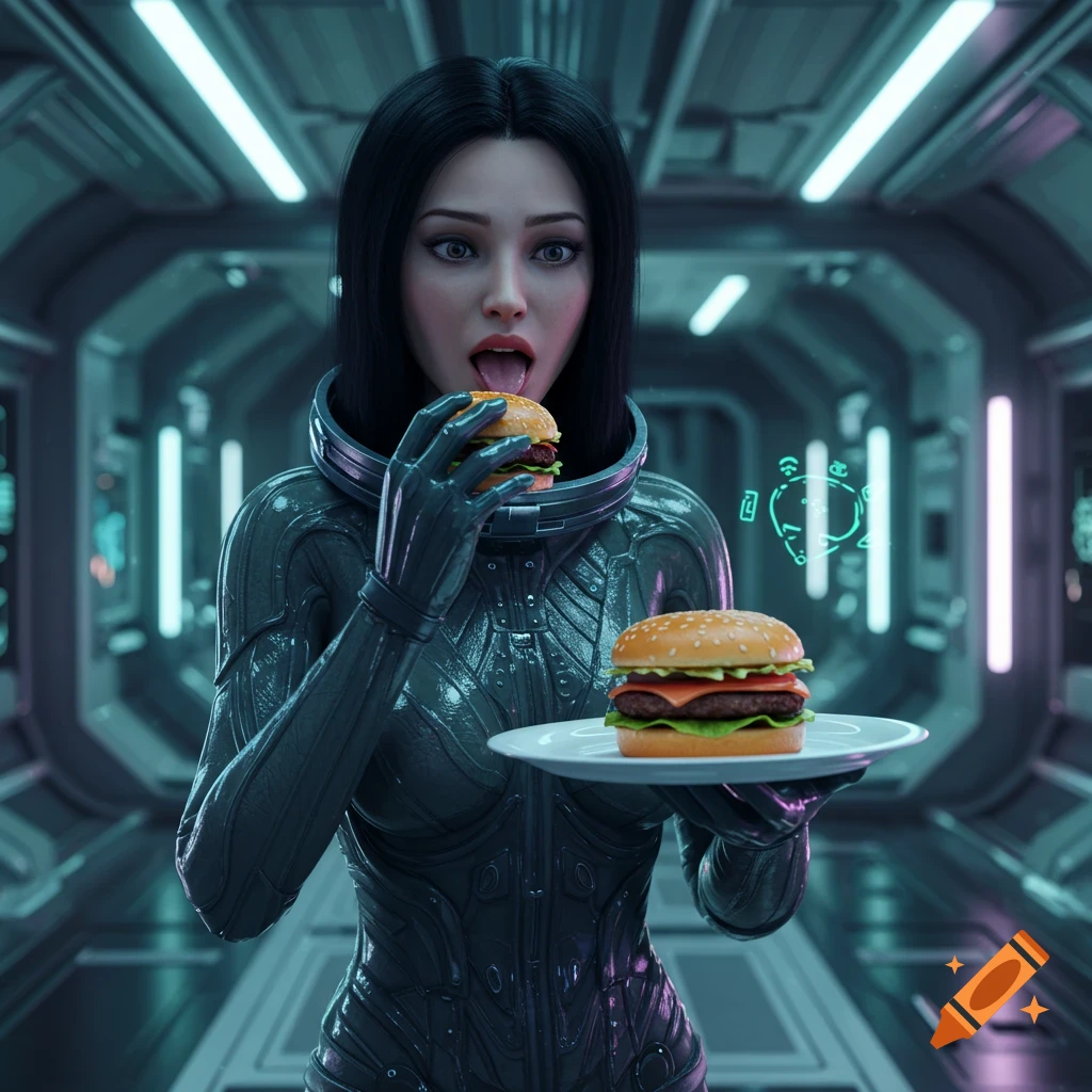 Photorealistic woman astronaut in a sleek suit licking a hamburger in a futuristic spaceship corridor.