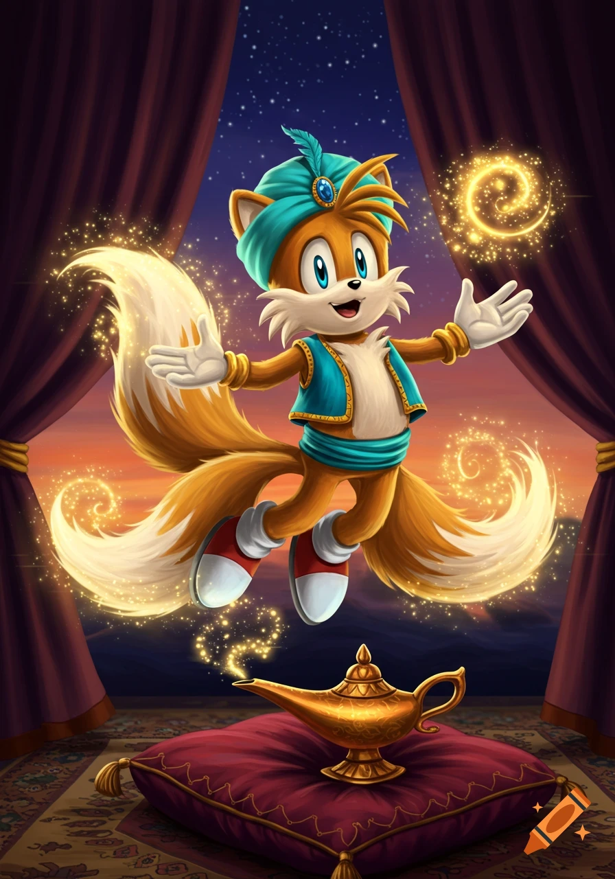 Tails as a genie, wearing a teal turban and vest, floats over a magic lamp on a cushion with golden sparkles, against a starry night sky. Digital painting.
