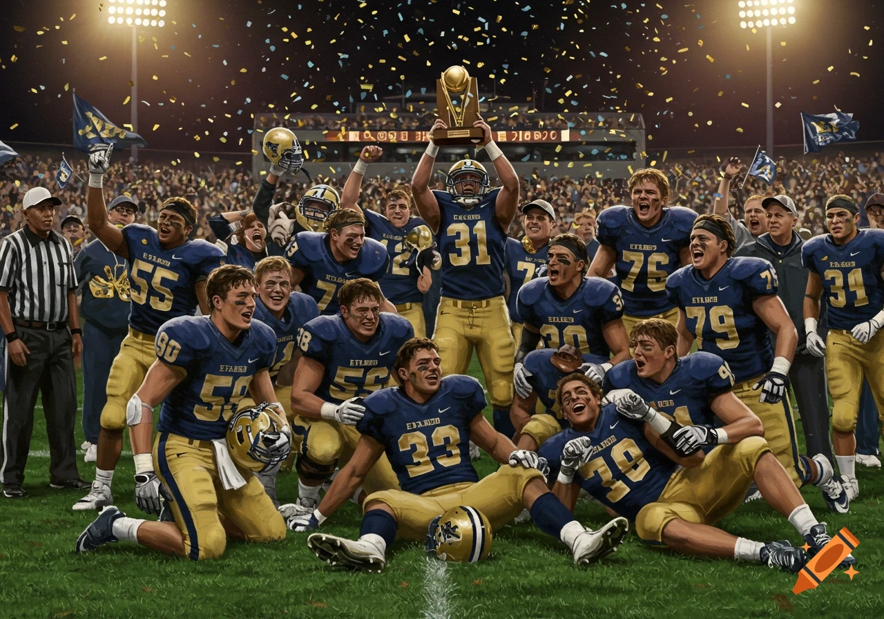 A jubilant football team in blue and gold uniforms celebrates on a stadium field, surrounded by confetti under bright lights at night, holding a championship trophy.