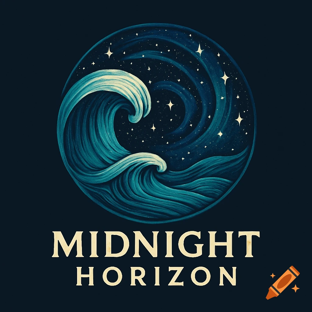 A circular logo with stylized blue ocean waves against a dark, starry night sky. Below the circle, the text "MIDNIGHT HORIZON" is written.