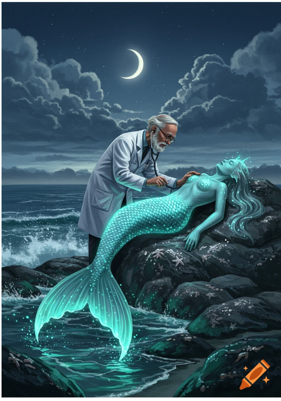 A bearded doctor in a lab coat checks a glowing turquoise mermaid lying on dark rocks by a moonlit ocean.