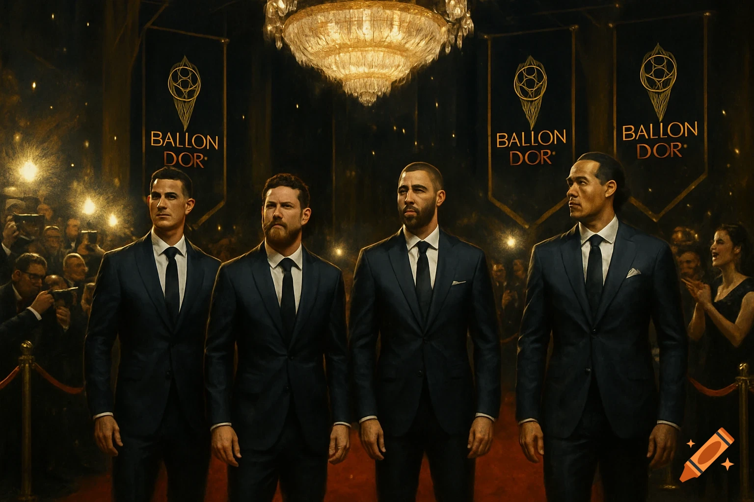 Four men in dark suits stand on a red carpet under a grand chandelier, with 'Ballon d'Or' banners and a cheering crowd in the background at an awards ceremony.