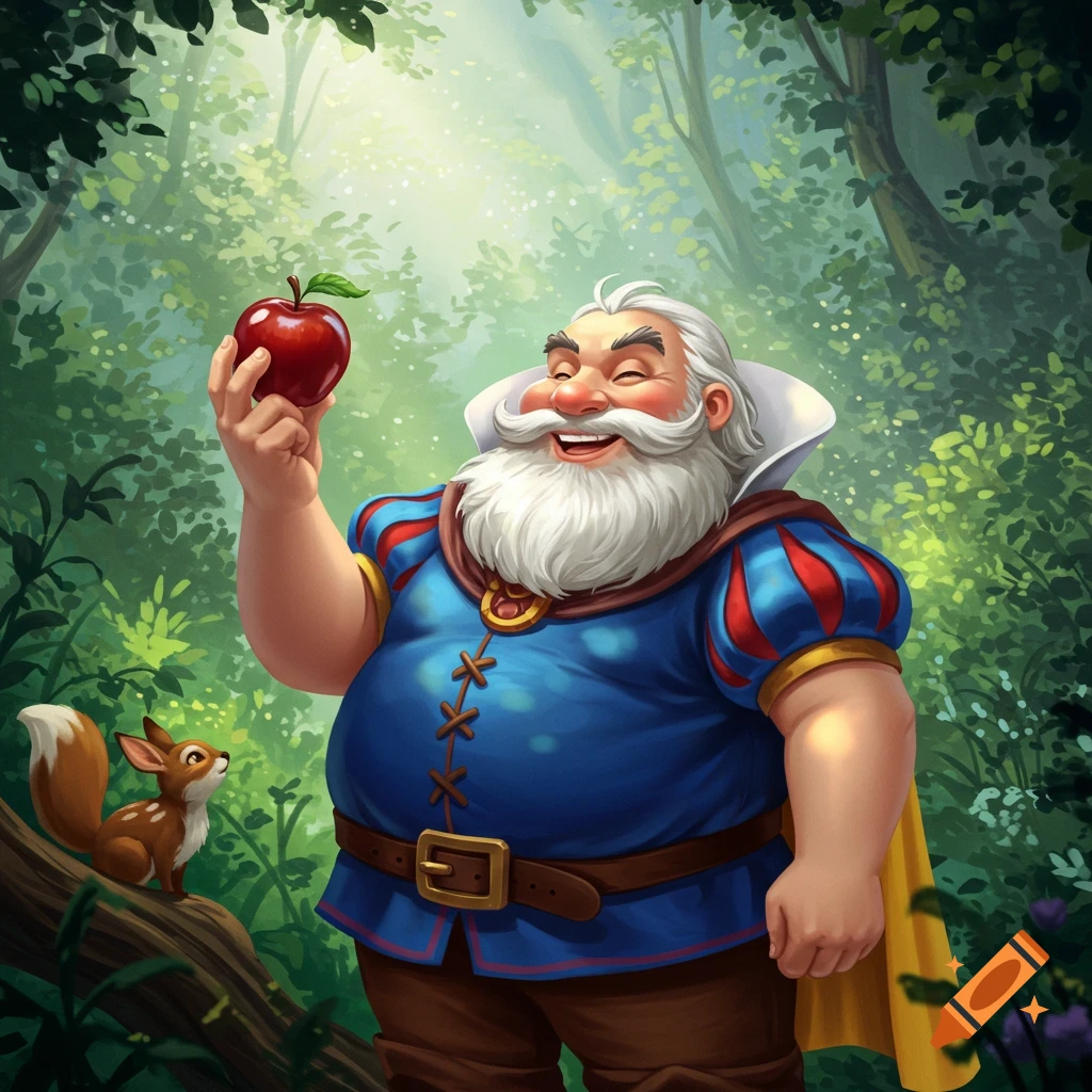 A cheerful, bearded man in a Snow White-like blue tunic holds a red apple in an enchanted forest, a squirrel nearby.