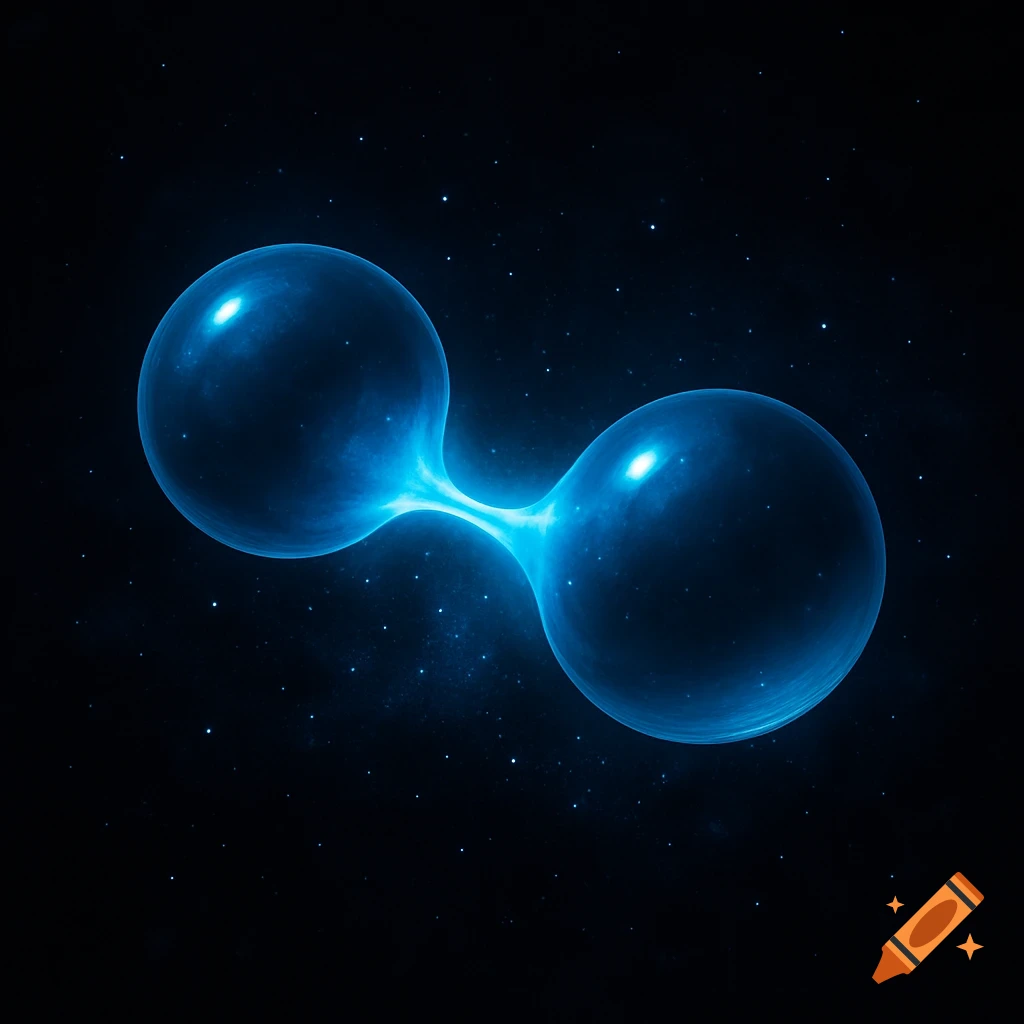 Two glowing blue spheres connected in the center by a luminous bridge, set against a dark, star-filled cosmic background.